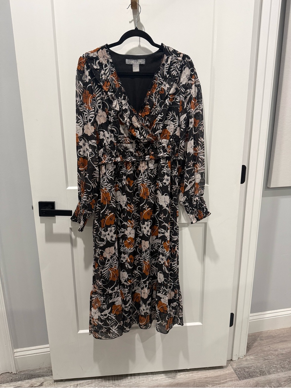 Lark + Grey Floral Midi Dress in Black and Rust